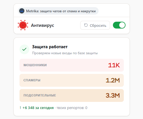 Экран Антивируса в приложении Metrika: защита работает, счётчики мошенников, спамеров и подозрительных